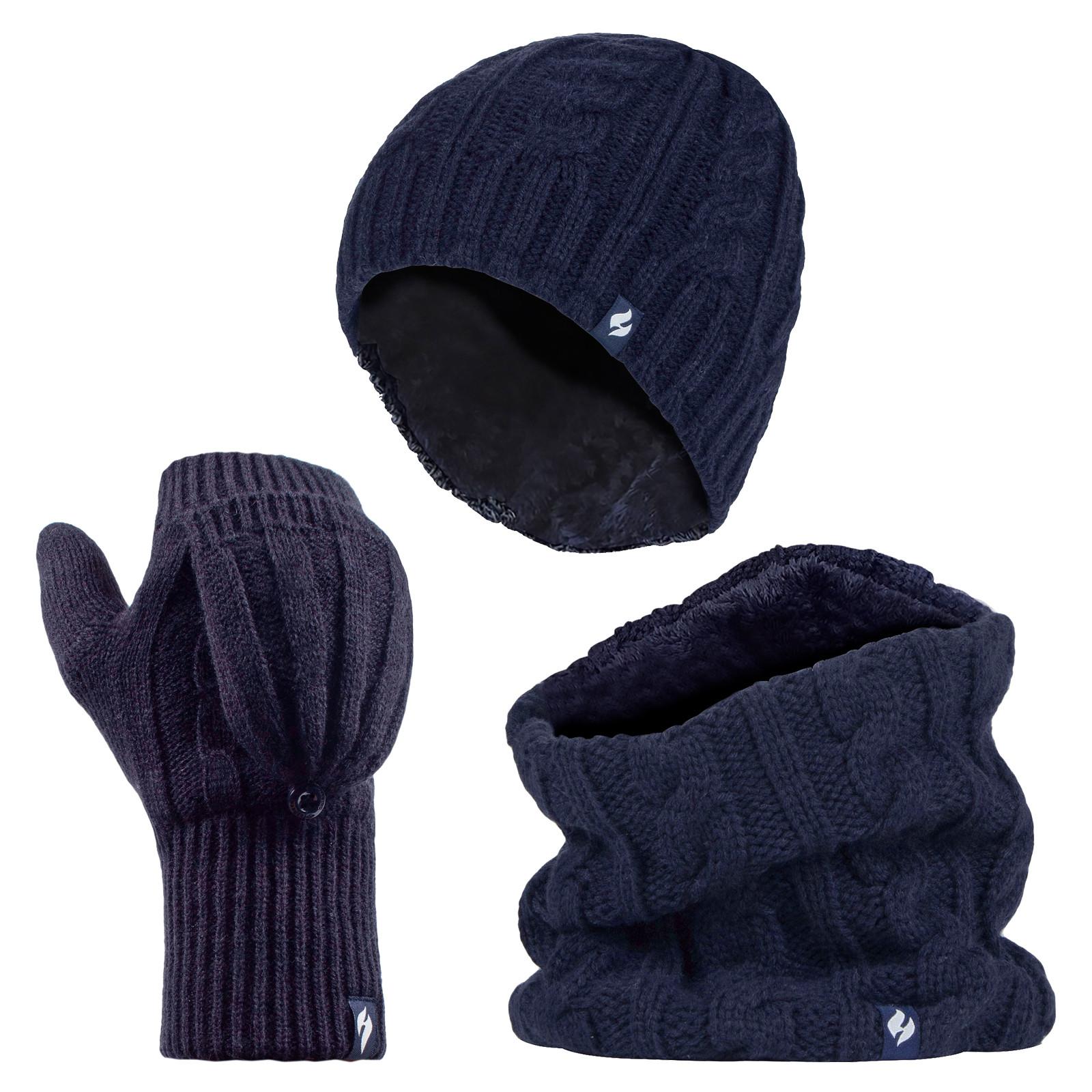 Heat Holders - Womens Thermal Winter Fleece Mütze, Halswärmer und Konverter Handschuhe Set - Navy