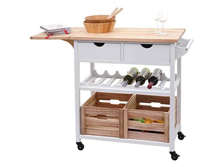 Mendler Servierwagen HWC-G35AM Kiefernholz 89x119x41cm - Natur-weiß Küchenwagen, Rollwagen, Küchenhelfer, Beistellwagen, Teewagen