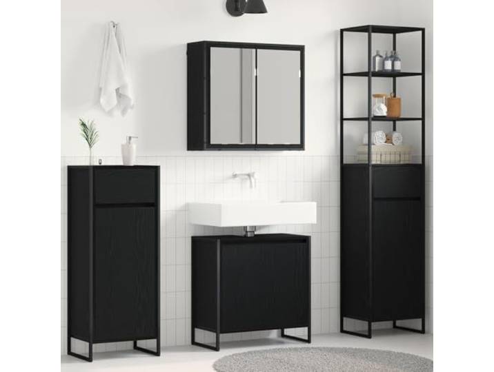 KTHLBRH Badezimmermoebel-Set 4 STK. Schwarz Eichen-Optik Holzwerkstoff Wandmontage spart Bodenfläche, Stauraumregal, Spiegel inklusive, robuste Holzwerkstoff-Konstruktion, pflegeleichte Oberfläche