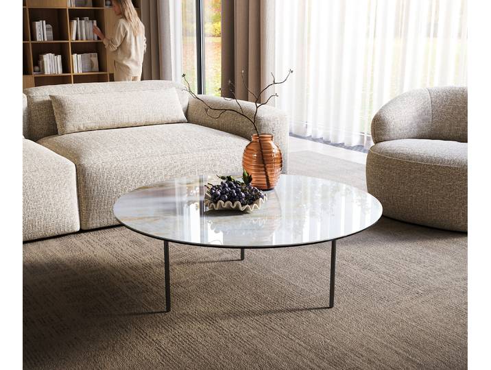 DELIFE Couchtisch Edge Rund 100x100 cm Keramik Onyx Pearl Trive Metall Schwarz, Couchtische