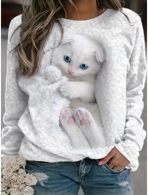 Modern Mode Marketplace Plus Size Kawaii Sweatshirt Women's Plus Cat Print Long Sleeve Round Neck Sweatshirt green l