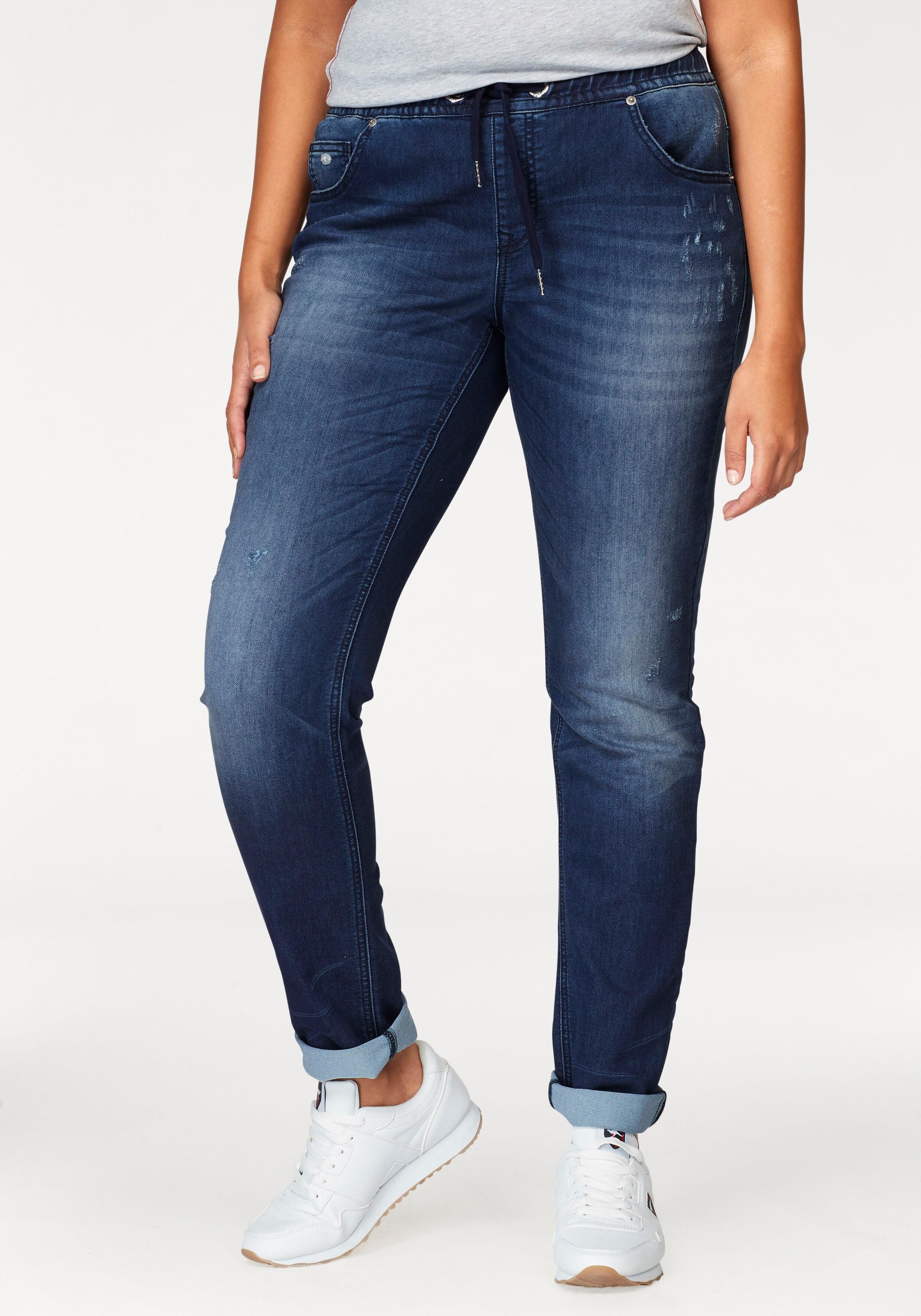 Jogg Pants KANGAROOS, Damen, Gr. 46, N-Gr, blau (blau used), Denim/Jeans, Obermaterial: 59% Baumwolle, 40% Polyester, 1% Elasthan, Destroyed-Effekte, bequem lang, Jeans Jogg Pants, entspannte Passform blau used 46, N-Gr
