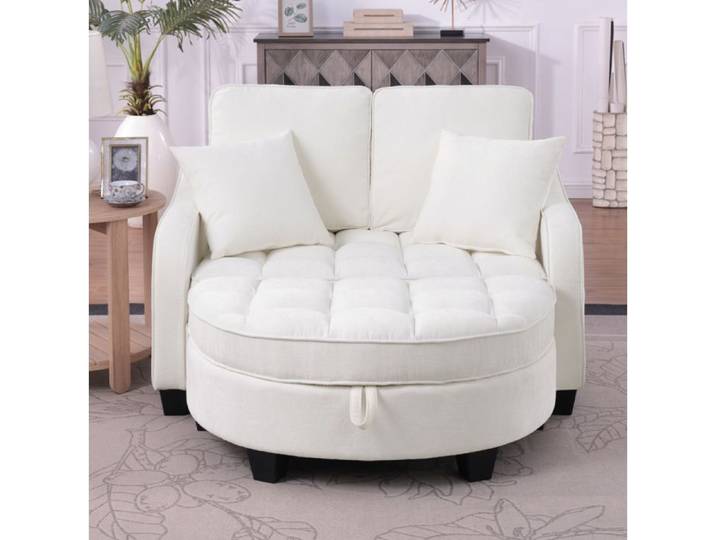 Canape Convertible 1 Place Beige Fauteuil Lit FloraGrace Pour Salon Ou Chambre Avec Pouf Rangement 132x129x93cm