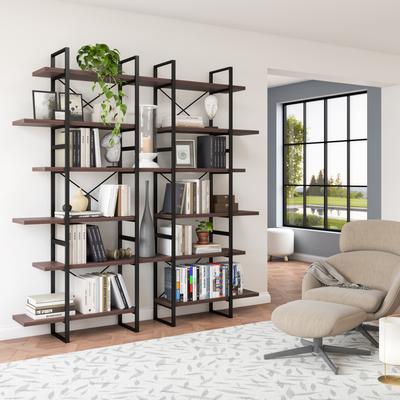 DAVEE FURNITURE "Davee 6-Tier Dark Walnut Color Room Divider Bookcase - 85"" H x 82.7"" W x 12.6"" D"
