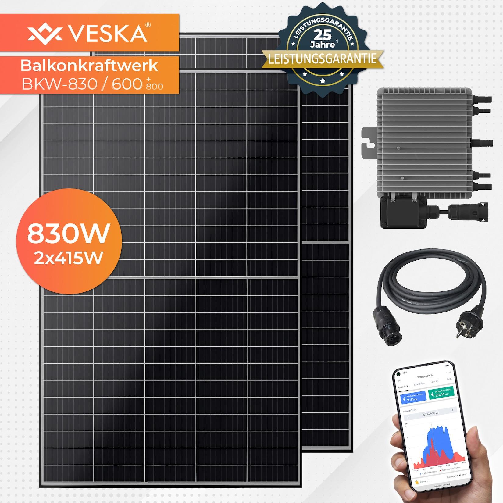 Balkonkraftwerk 830 W / 800 W Photovoltaik Solaranlage Steckerfertig WIFI Smarte Mini-PV Anlage 800 Watt, Schwarz