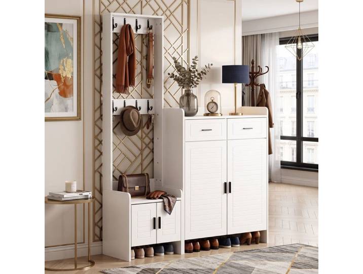 Meuble d'entrée Garderobe 125x32x165cm Grand Rangement Design soigné avec 8 Crochets 2 Tiroirs - Blanc