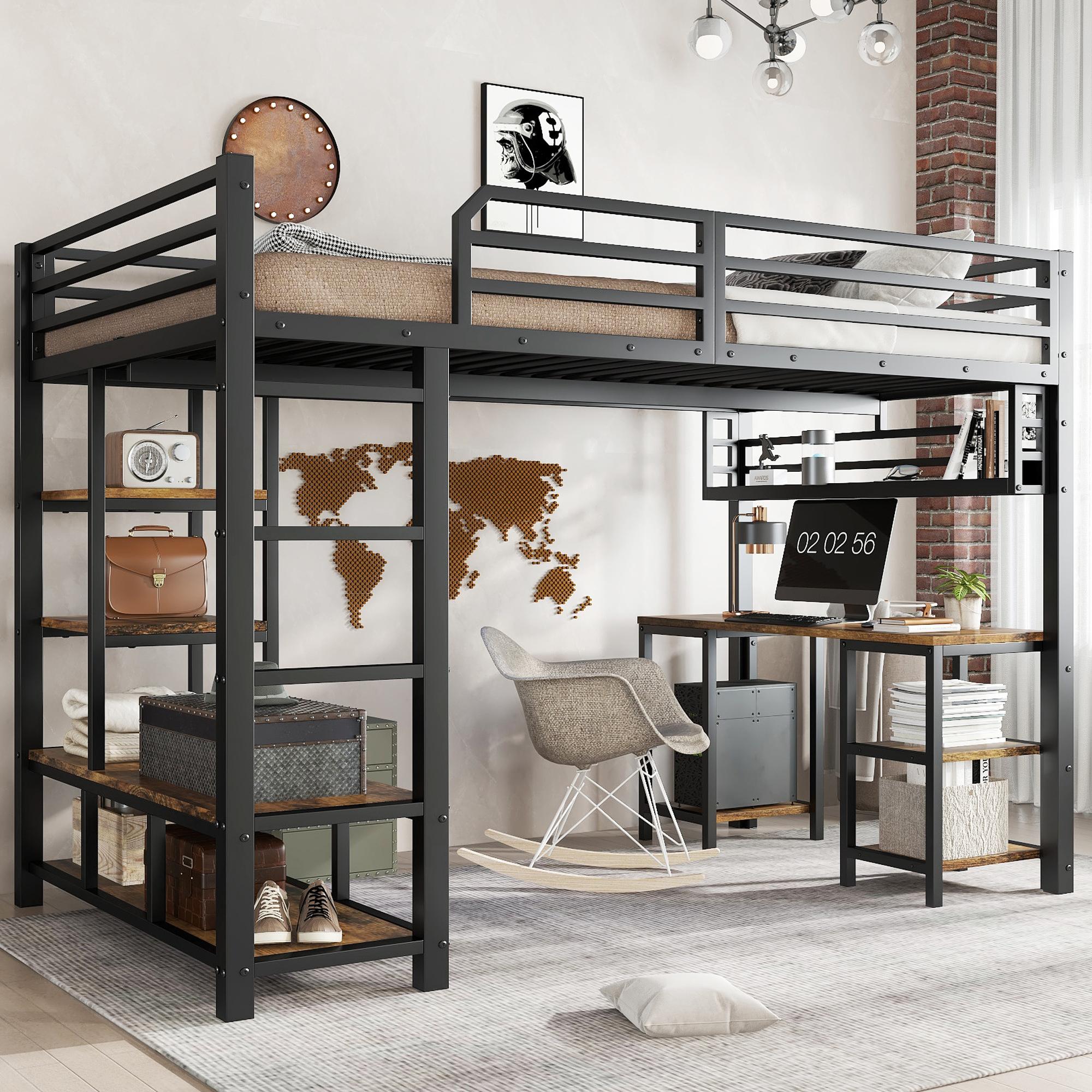 Merax Etagenbett Hochbett 120x200cm mit Schreibtisch, Eisenbett mit Ablagefläche und 4-stufiger Leiter, Kinderbett mit Stabile Lattenroste, Schwarz