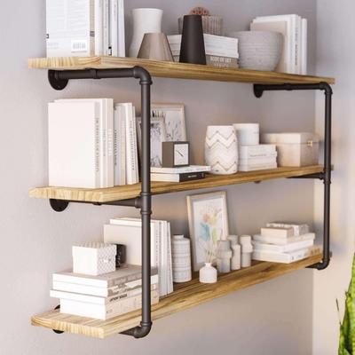 "Wallniture 60""x 10"" Pipe Shelves, Wood Shelving Unit, Wall Shelves for Books, Long Wall Shelf, Burnt, 3-Tier"