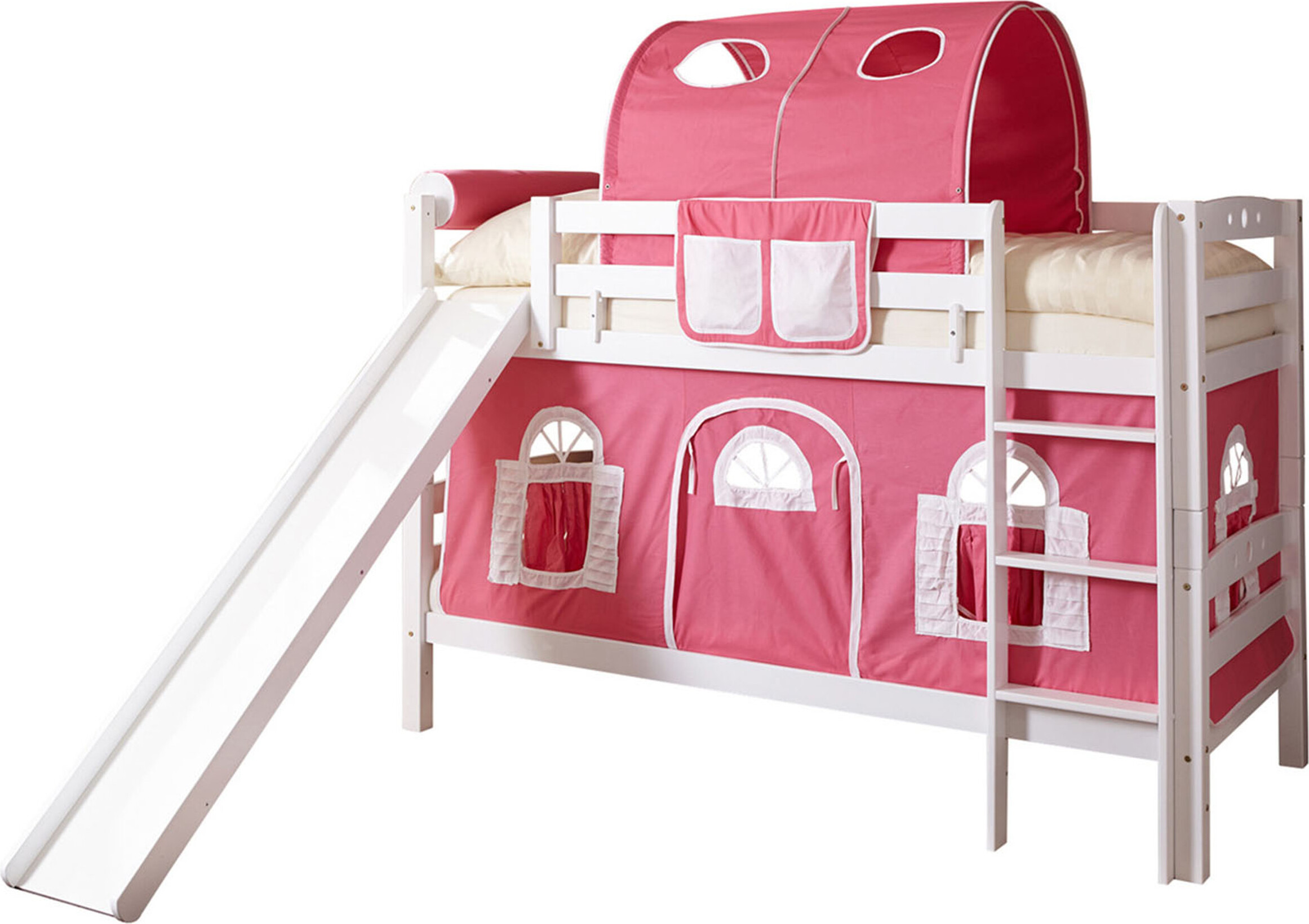 Etagenbett mit Rutsche Doppelbett Lupo Buche massiv Weiss, Vorhangstoff:Rosa Weiss