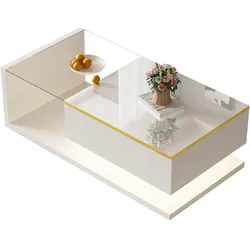 Couchtisch 100x50x32 cm Hochglanz Weiß mit Glas und dimmbarer LED-Beleuchtung, 16 Farben, elegantes Design für modernes Wohnzimmer