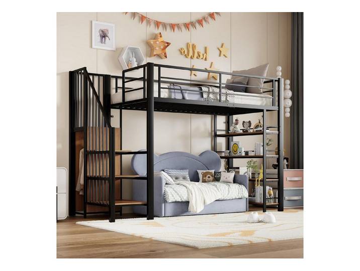 LuxusKollektion Hochbett Hochbett 90x200 Metall schwarz mit Schrank & Regalen (1-St)