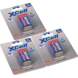 3x XCell X9V-B Lithium 9V Block Batterie 1200mAh im Blister - passend für Rauchmelder & Sicherheitstechnik