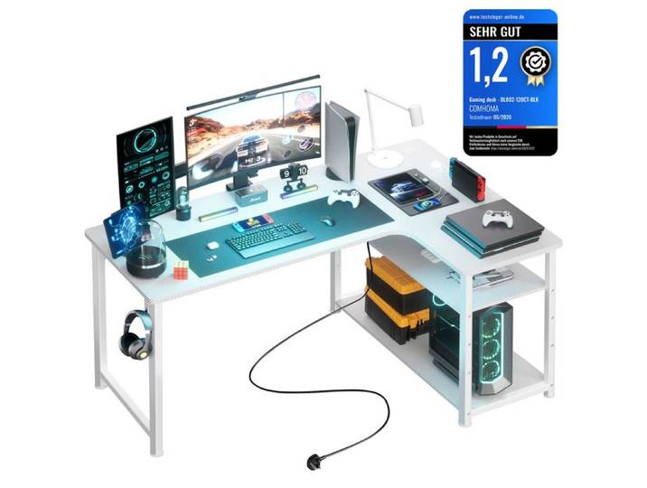 Bureau gaming en L - COMHOMA - 130x80x74 cm - 1 prise & 2 ports USB - 2 étagères réglables - Cadre acier 20 mm