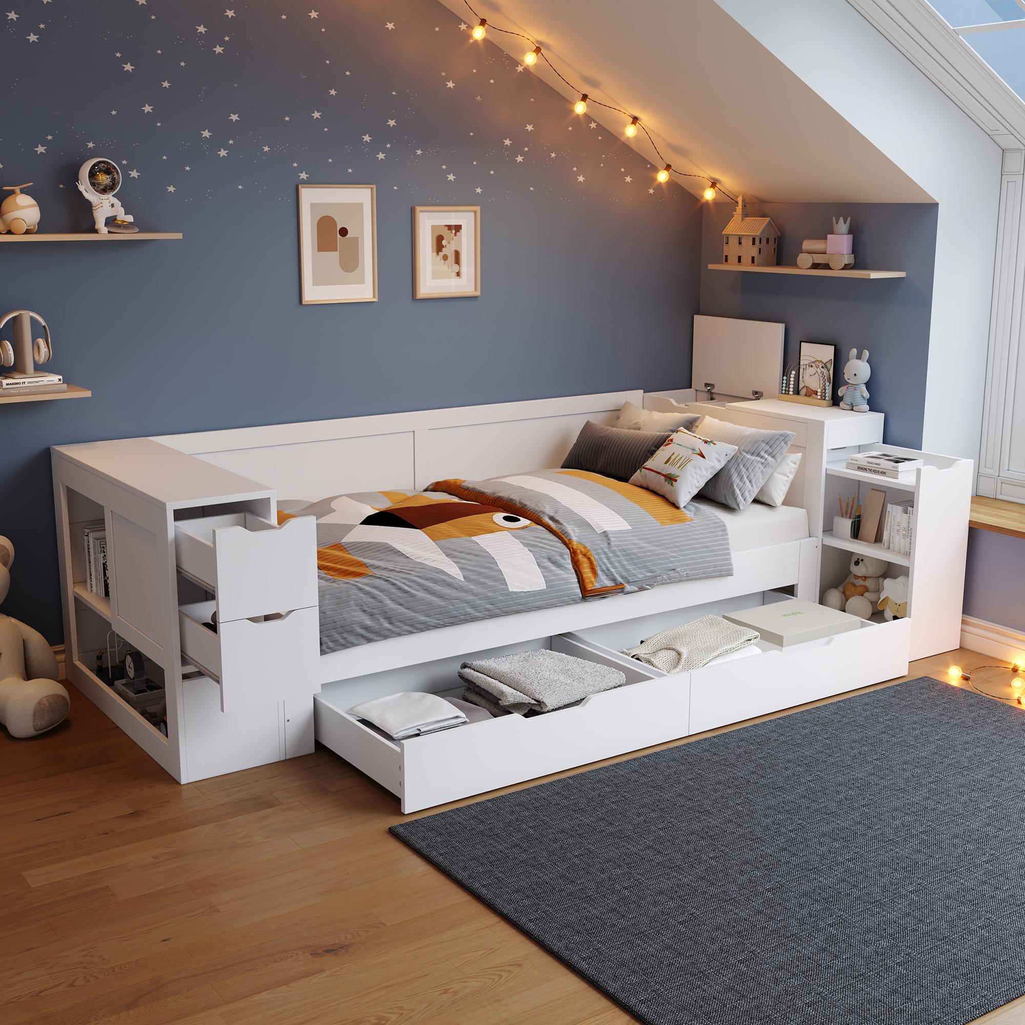 Kinderbett 90 x 200 cm als Daybed mit Lattenrost, großer Schublade, Regalen, Stauraum und ausziehbarem Nachttisch, MDF, Weiß