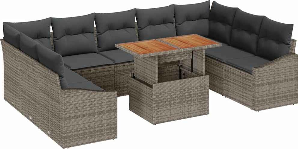 Garten-Sofa-Set modular, Outdoor-Lounge mit Stauraum, Poly-Rattan & Stahl, 9 Sitzplätze, Grau, 10-teilig