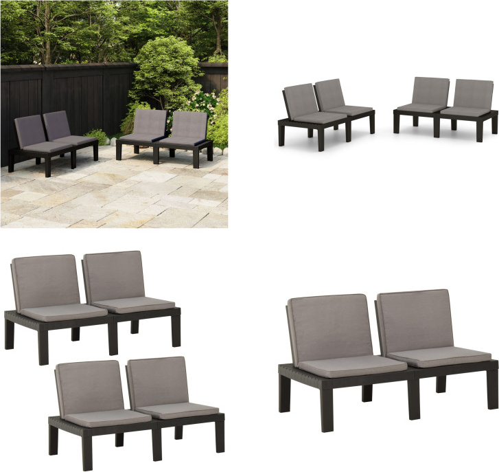 vidaXL Gartenbänke mit Kissen 2 Stk. Kunststoff Grau - Gartenbank - Gartenbänke - Terrassenbank - Terrassenbänke