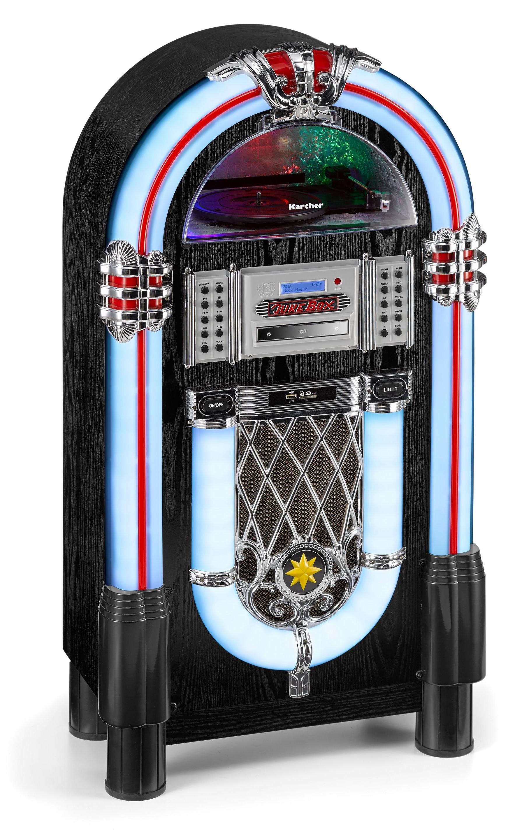 Karcher JB 6608D Jukebox mit Plattenspieler (CD-Player, Bluetooth, UKW / DAB+ Radio, Lightshow)