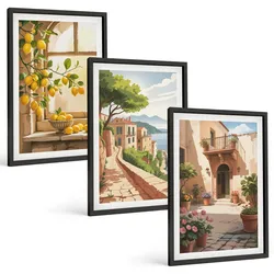 BILDER SET 3er Set - 40x60 cm Schwarzer Rahmen - Zitrusfrüchte in der Küchenmeerstadt