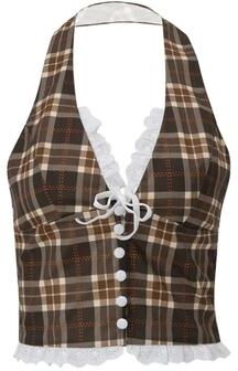 Inspire Select Womens Plaid Halterneck Backless Crop Top V Neck Lace Slim Bow Tank brown 4