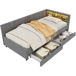 STILVORA Tagesbett 90x200 Schlafsofa mit LED-Beleuchtung, USB Typ-C Anschlüsse, Schubladen, Stauraum, Leinen MDF, modern, grau