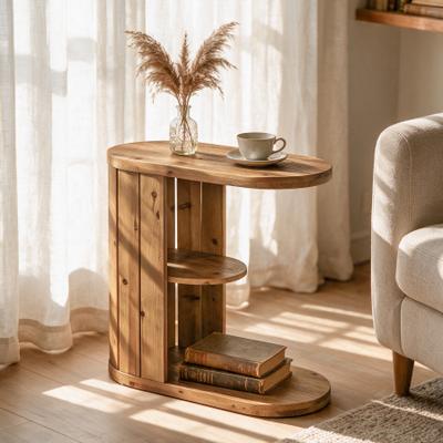 Bluebell Solid Wood Side Table, C-shaped Small End Table with Storage
