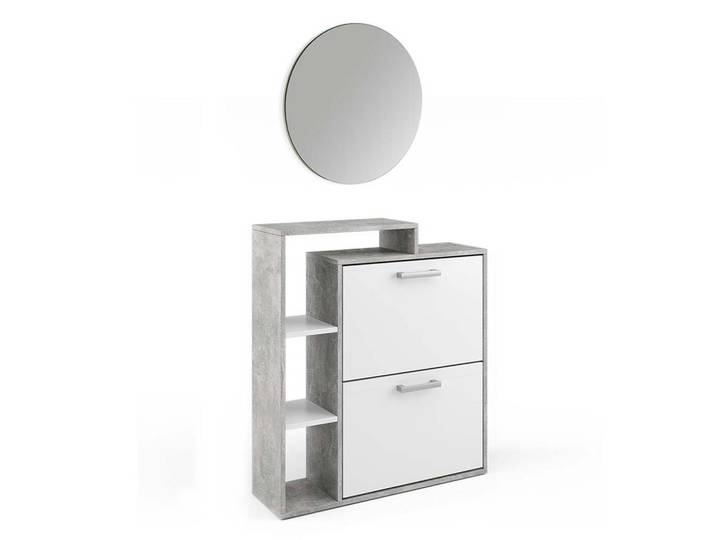 Vicco Schuhkipper Orlando Beton 2 Teile, mit Spiegel, Grau, 6 Fächer, Rechteckig, 80x90x25 cm, Garderobe, Schuhaufbewahrung, Schuhkipper