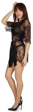 Plus Size Women's Women's Nathalie Allover Lace Kimono-Style Robe with Satin Belt by MeMoi in Black (Size S)