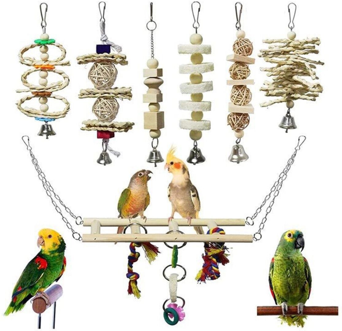 INF 7-teiliges Papageienspielzeug-Set – Kiefernholz und Metall, Naturholzfarbe, Leiter und Schaukel für Wellensittich,