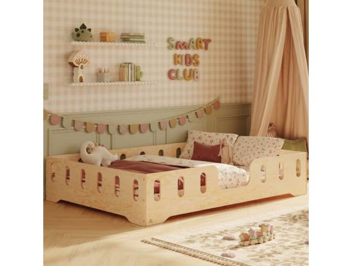 smartwood Bodenbett 120x200 cm mit Rausfallschutz, Holz, TILA 2 Montessori Kinderbett, Lattenrost belastbar bis 300 kg, FSC-Zertifikat, abgerundete Kanten, Einfache Montage, ab 3 Jahren