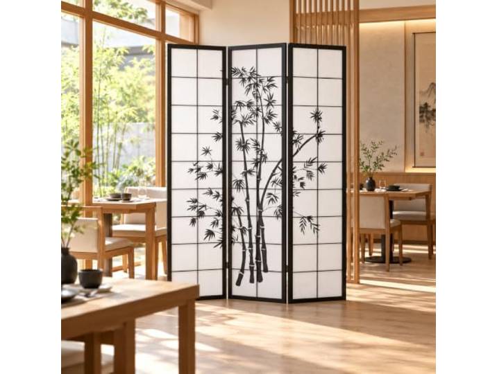 Homestyle4u Paravent 3-teilig Schwarz – Raumteiler aus Holz mit Bambusmotiv, 179 x 132 cm, klappbarer Sichtschutz, japanischer Shoji Raumtrenner für Wohnzimmer & Schlafzimmer