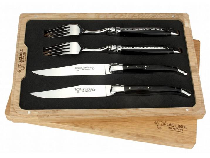 Laguiole en Aubrac Steakbesteck CCF99BUI, 2 Messer / 2 Gabeln - Griff Büffelhorn - Stahl glänzend