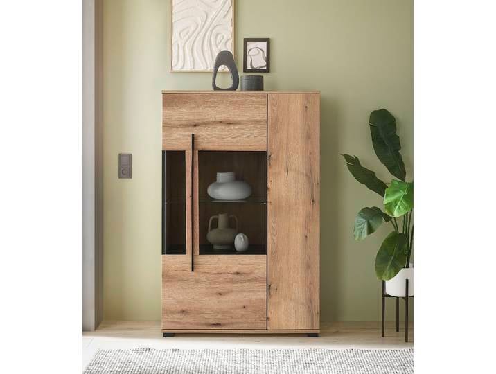 Vitrine HOME AFFAIRE Cantara, Vitrinenschrank in Eiche Evoke, Weiss o Kaschmir, Standvitrine , braun (eiche evoke), B:90cm H:140cm T:37cm, Holzwerkstoff, Schränke, Vitrine, schwarzer Stangengriff, ausreichend Stauraum, vielseitig einsetzbar