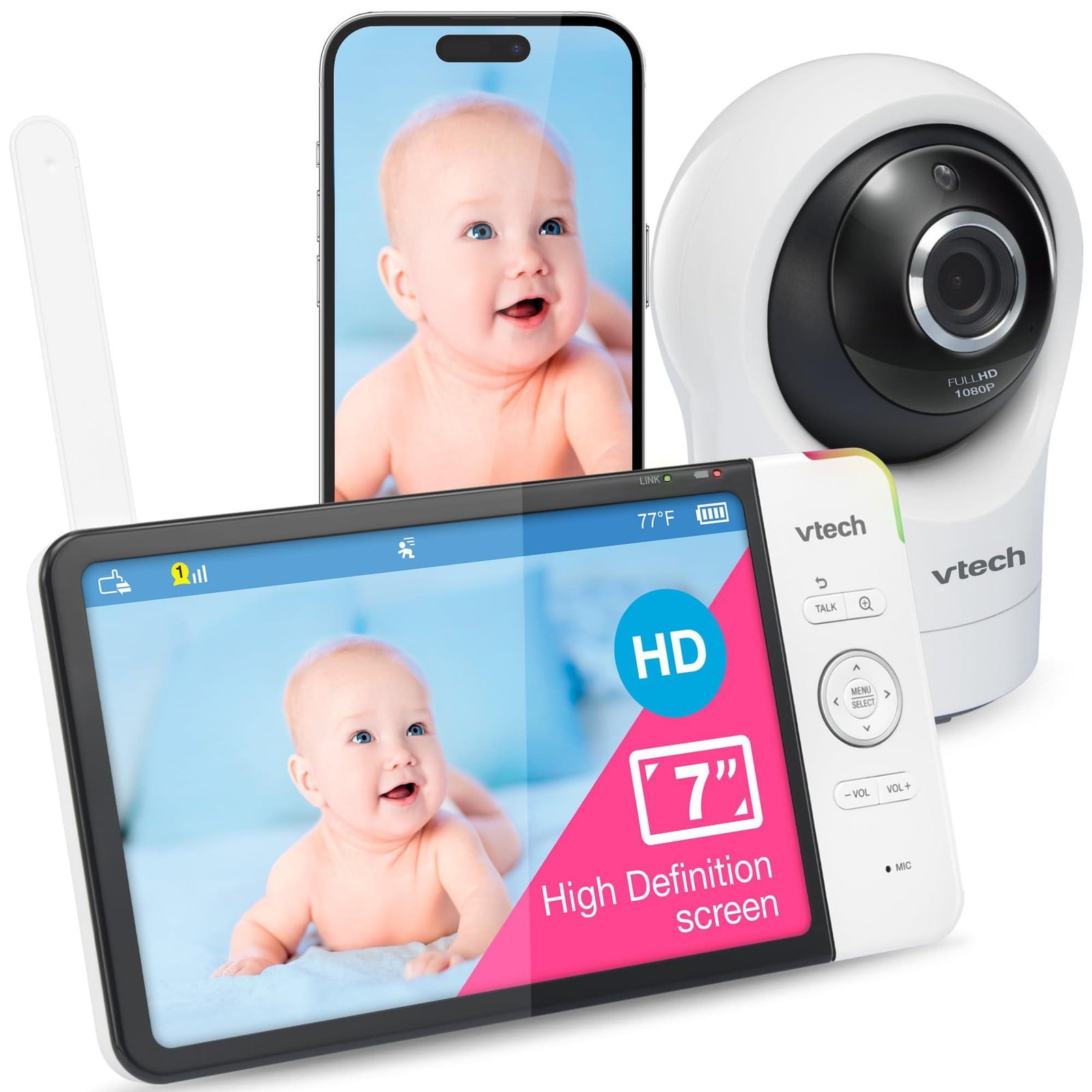 Vtech RM7764HD Elektronic babyfoon met camera en 7 inch monitor, 1080p, WiFi, 360 graden