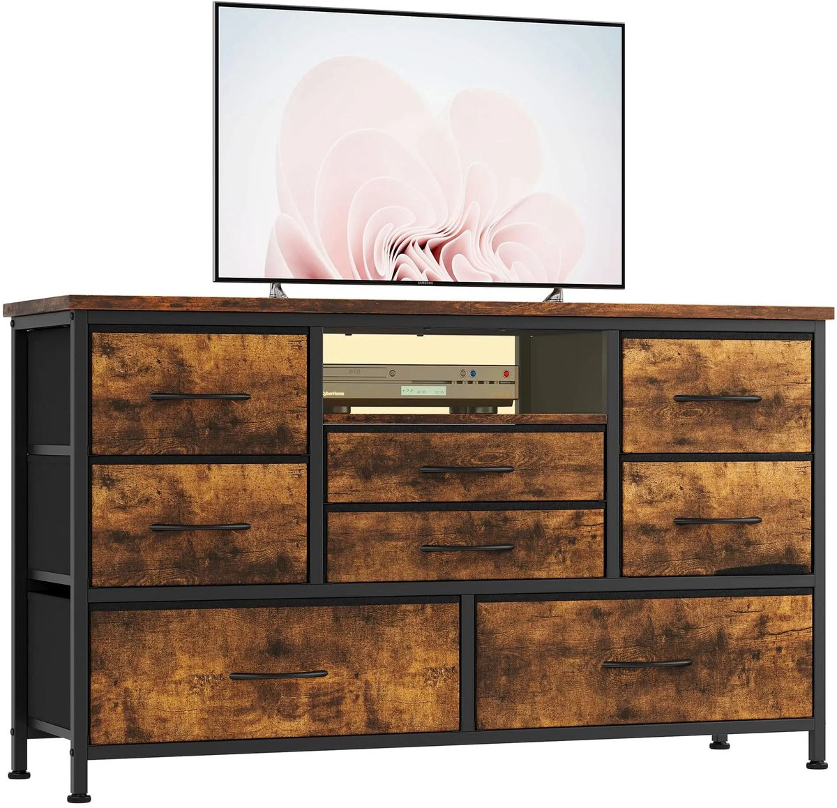 Lilac & Lily Ladekast met LED-verlichting en oplaadstation - Houtlook dressoir met 8 stoffen vakken