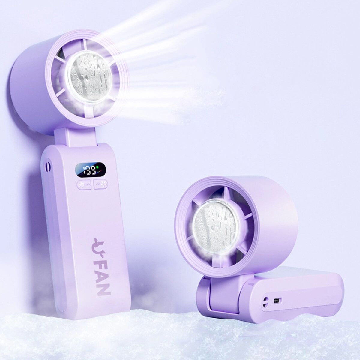 INF Tragbarer Mini-Ventilator 4000mAh – Ice-Cooling Turbo, bürstenloser Motor, 199-stufige Geschwindigkeit, digitale Violett