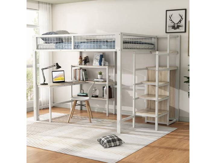 Lit mezzanine - LANGTU - 140x200 - métal & MDF - armoire intégrée - bureau - blanc