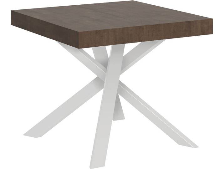 Table Extensible 90X90/194 Cm Clerk Plateau Noyer Pieds Blancs
