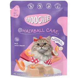 MOOCHIE Hairball Control With Prawn 70g unterstützt die Verdauung und hilft dabei, Haarballen zu kontrollieren und zu reduzieren.