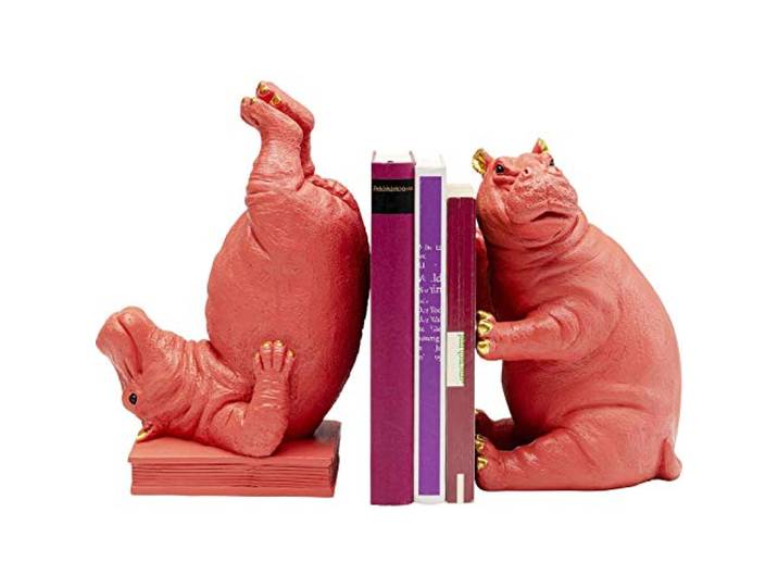 Kare Design Buchstütze Hippo, Pink, 2er Set Antirutsch Unterfläche, Handgemalt