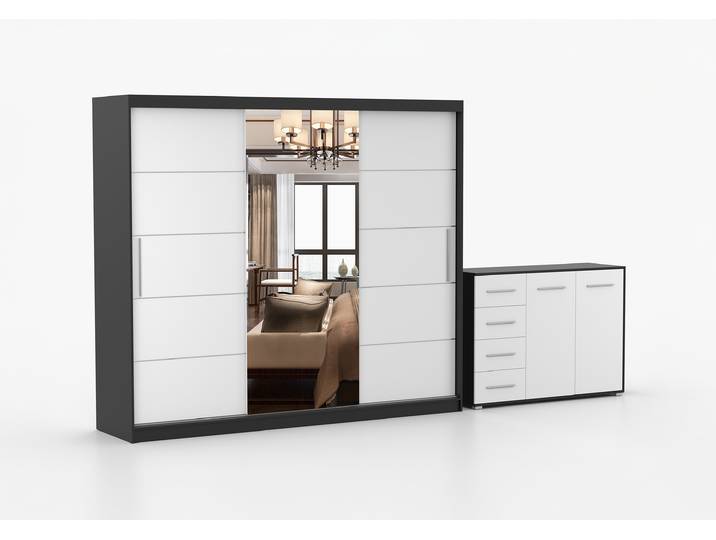 Schwebetürenschrank und Kommode 2er-Set ALBA I/FRIDA 01 Schwarz Weiß + Spiegel
