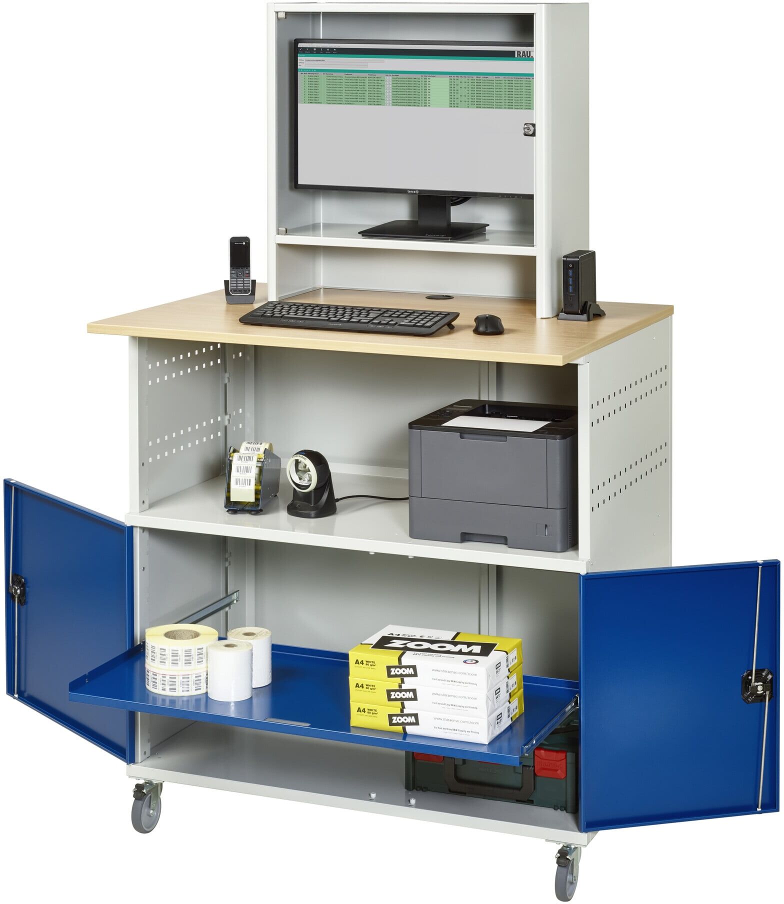 Rau Computer-Tisch 1022 mit Monitorgehäuse T300mm, B1100xT790xH1890mm, mobil (07-1022M3F.11)