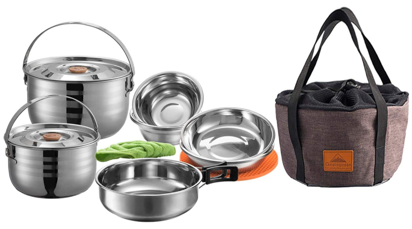 Selius Rvs Outdoor Camping Nesting Mess Kit Kookgerei Set met Draagtas