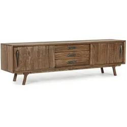 TV-Board Sherman aus Mangoholz, modernes Design mit Schiebetüren und 3 Schubladen, natur