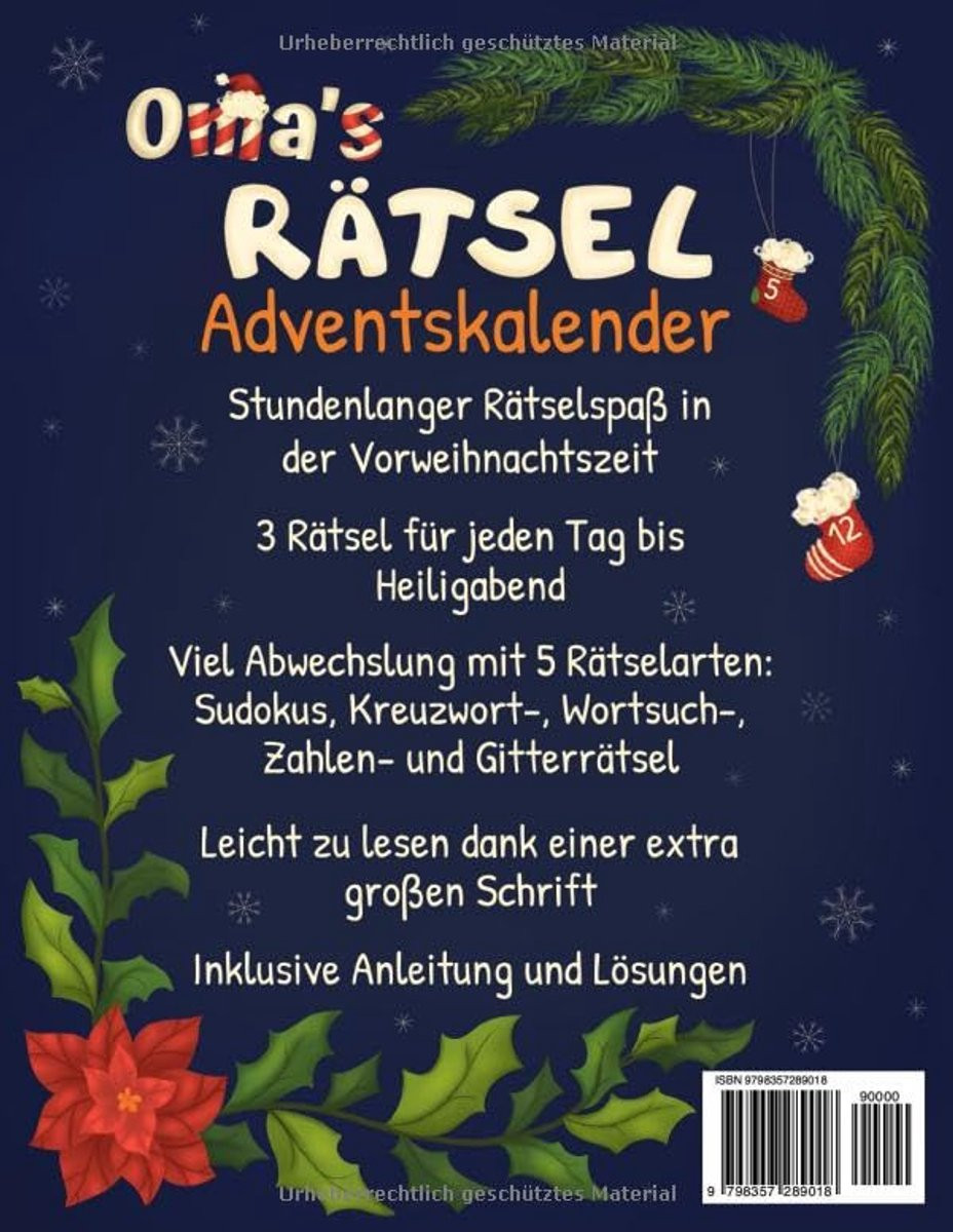 Adventskalender met 72 raadsels voor oma - Geestelijk fit - Grote letters - Gekleurd