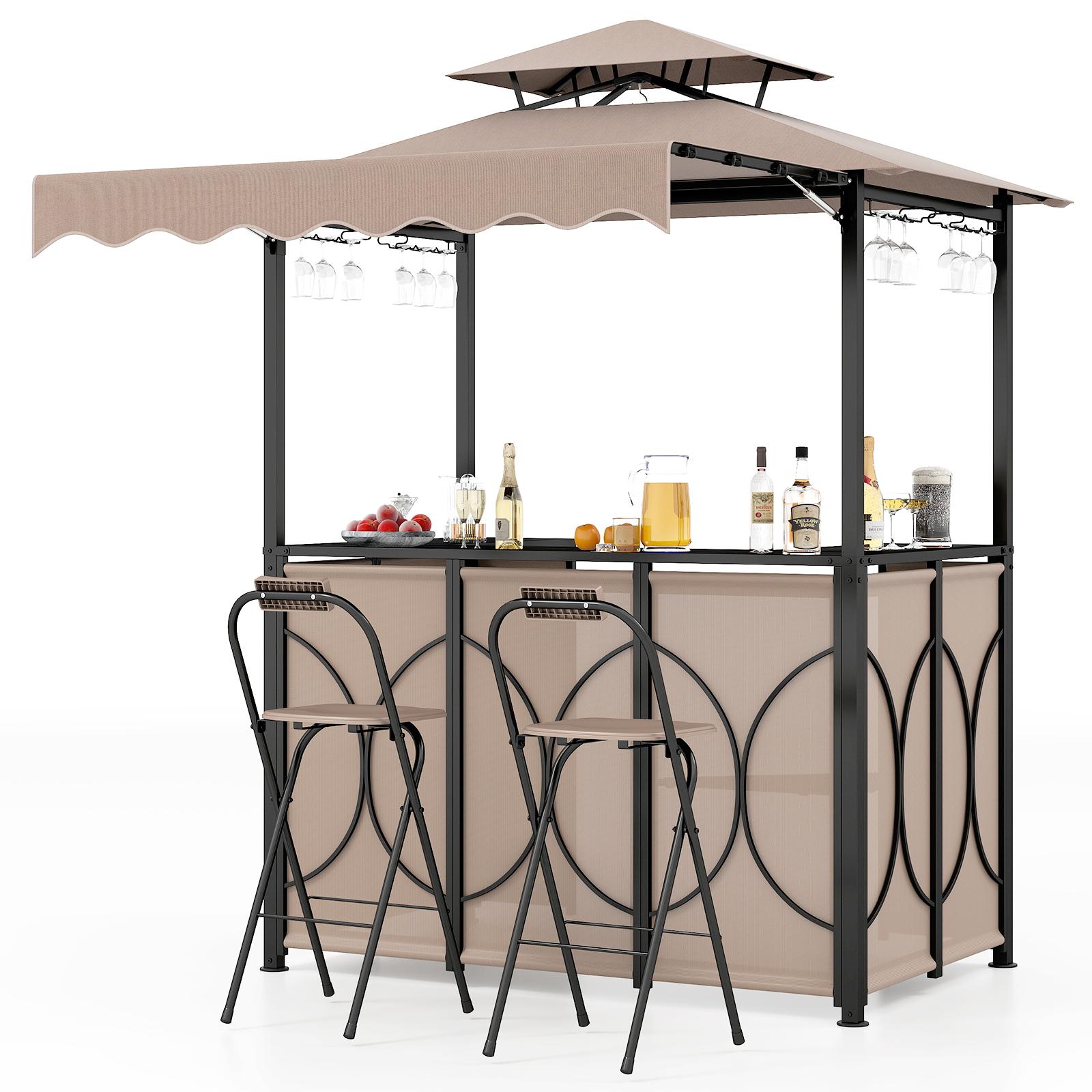 COSTWAY 3 tlg. Grillpavillon mit Bar & 2 Barhockern, Gartenpavillon mit Doppeldach & Markise, Grillüberdachungen wetterfest, 193x117x240cm Braun