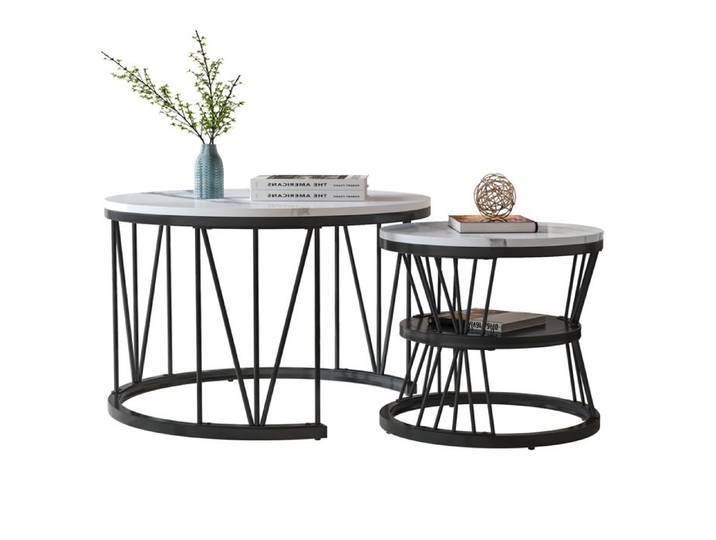 Lot de 2 Tables Basses Rondes - ADWOLT - Motif Marbre & Structure Métal - Avec Rangement - Salon/Balcon - Noir/Blanc