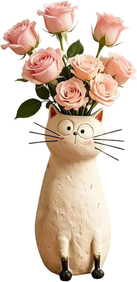 Beige Kat Bloem Vaas - Hars Ornament met Schattig Kattenontwerp - 10 x 22 cm