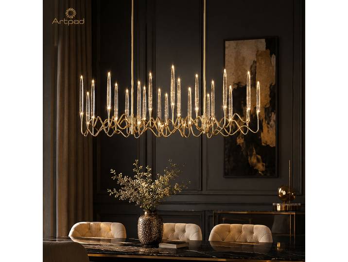 Lustre à bougie rectangulaire en cristal doré, long lustre de plafond, luxe, salle à manger, salon, table de cuisine, chambre à coucher