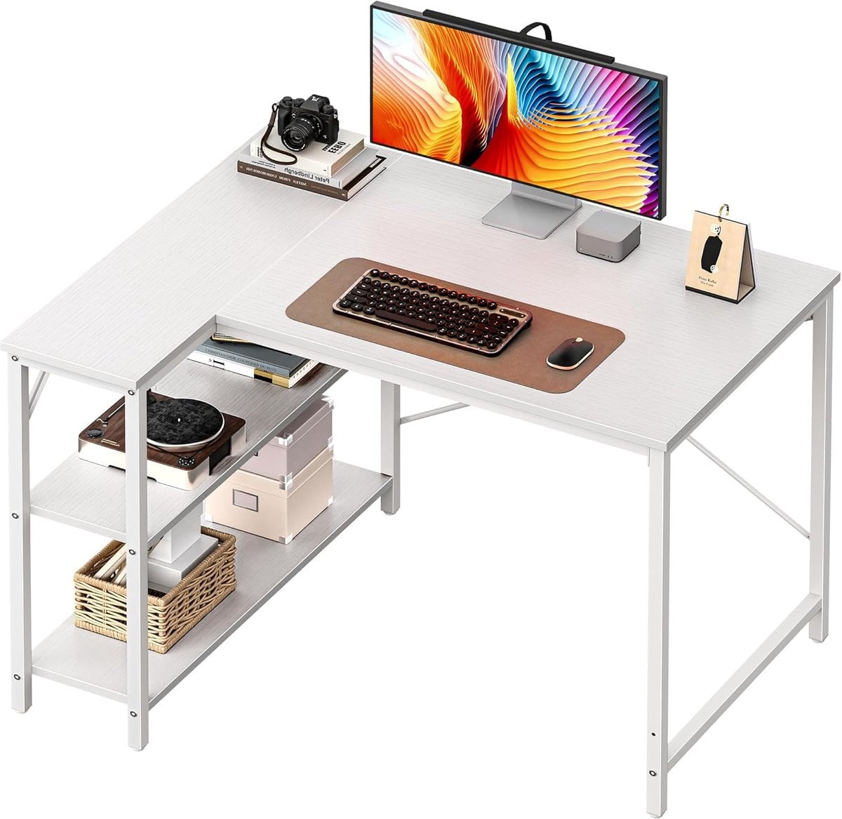 L-vormig computerbureau met omkeerbare opbergplanken in wit, Breedte: 251,46 cm