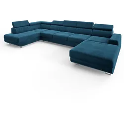WOHNLANDSCHAFT GAIAN Blau Velours-Stoff mit Schlaffunktion